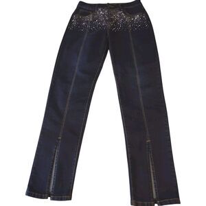 L & B Stretch Dark Wash Blue Jeans High-Rise 8.5" Slit HemLines Size 8 Women's